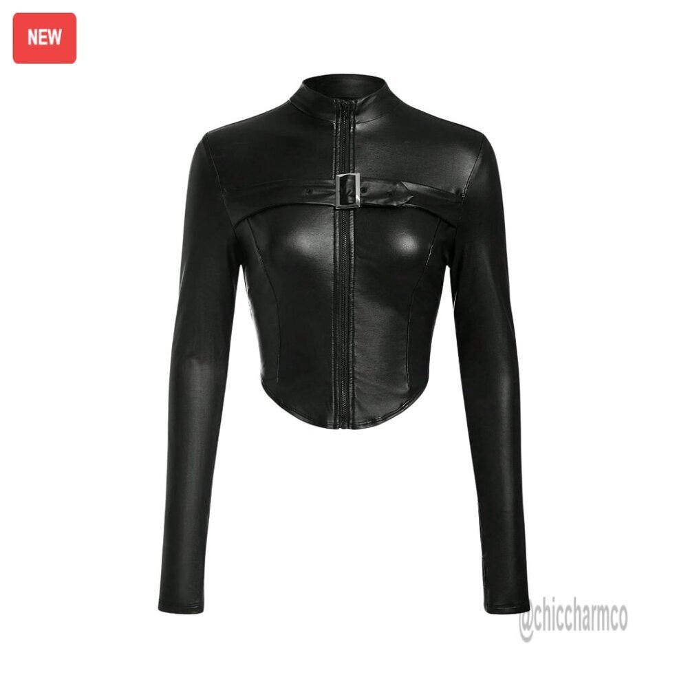 Leather Cropped Jacket Zip Up Outerwear Long Sleeve Stand Collar - Picture 1 of 6